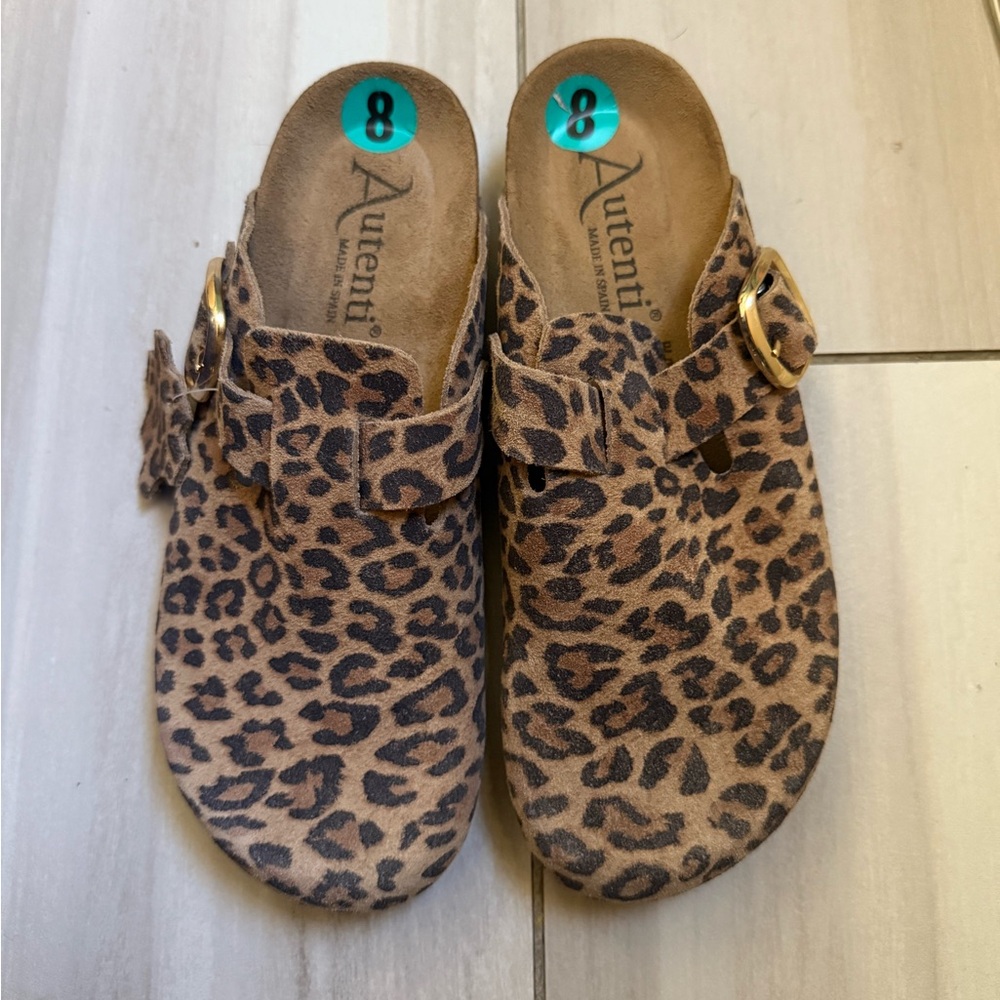 Leather Leopard Print Clogs with Buckle